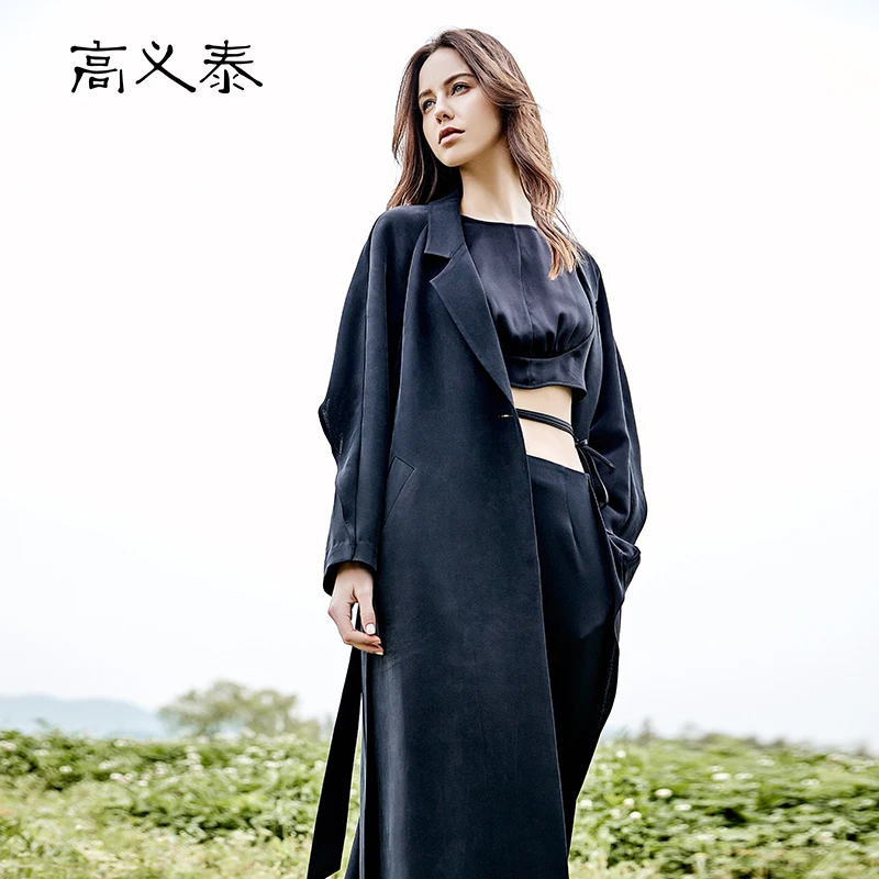 

High End 100% Heavyweight Thick Silk Tie Long Sleeve Suit Collar Classic Black Woman Trench Long Trench Coat Autumn Winter FY016
