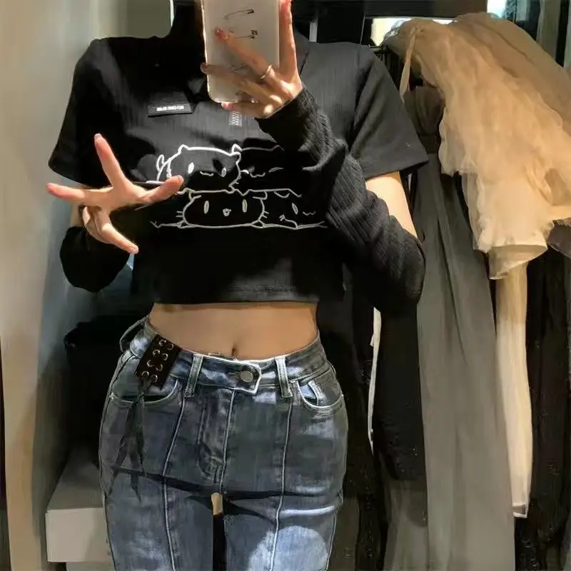 QWEEK Women's T-shirt Japanese Korean Harajuku Y2k Preppy Style Sweet Soft Girl Short Sleeve T-shirts Crop Top Sexy Chic Fashion