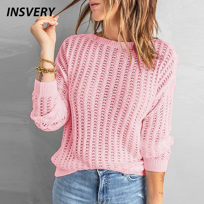 

Модные вязаные свитера для женщин, Осенний элегантный свободный свитер с круглым вырезом и длинным рукавом, Женский Повседневный однотонны...