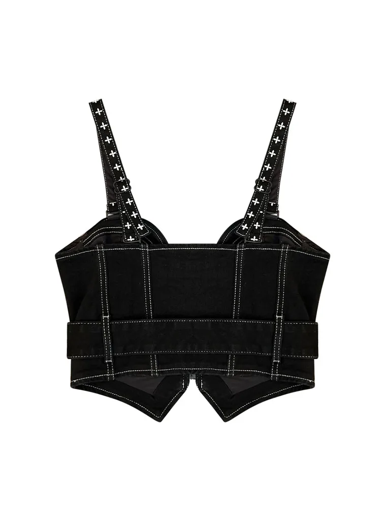 Майка женская джинсовая без рукавов пикантный Черный винтажный укороченный топ