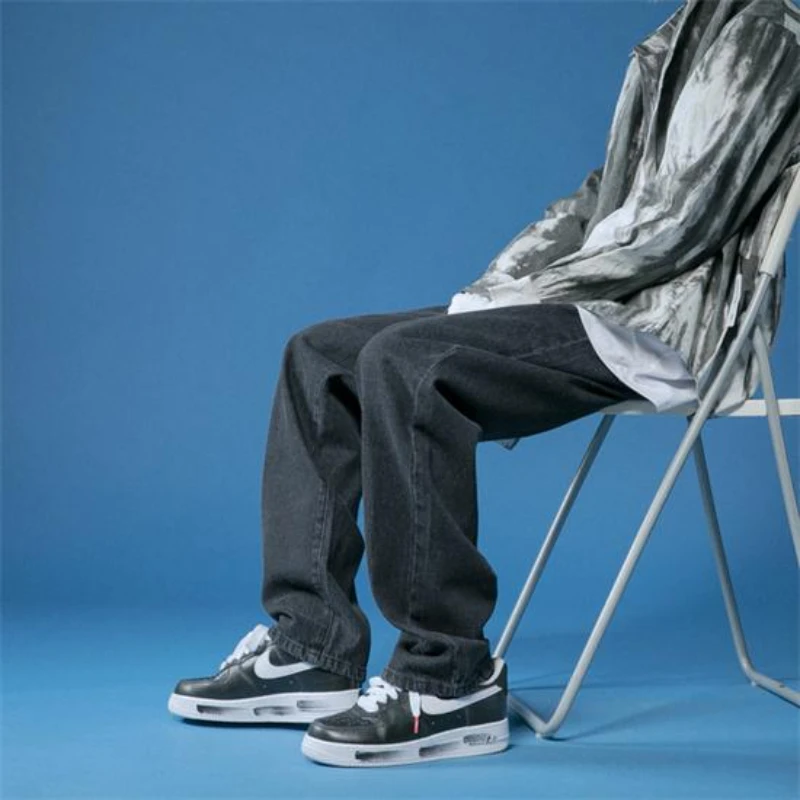 Straight Jeans Men Autumn White/black Korean Man Loose Denim Trousers Streetwear Male Casual Pants Men's Solid Color Wide Jeans