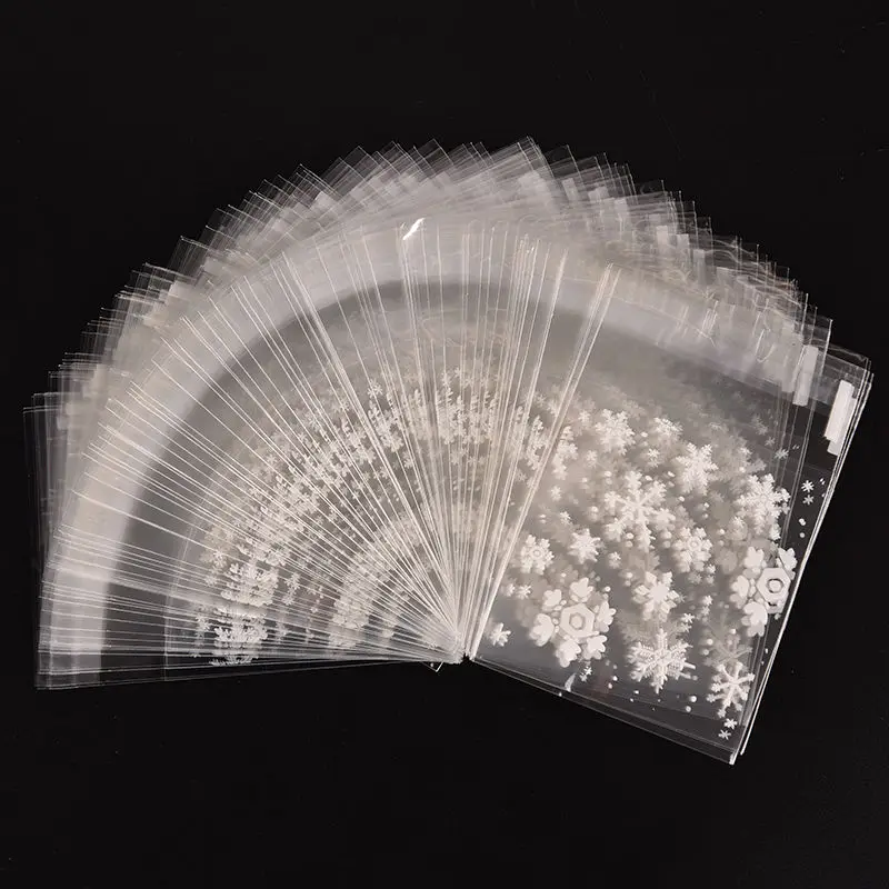 

100PCS Christmas Mini Transparent Scrub Flat Pocket Christmas Snowflake Diy Gift Packaging Bags Candy Plastic Stationery Holder