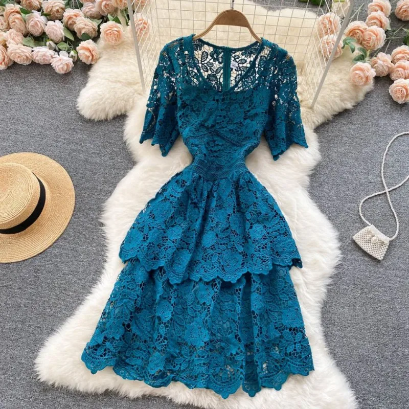 

Summer Runway French Chain Link Flower Hollow Out Water Soluble Lace Cake Dress Luxury Patchwork Women's Elegant Dresses Vestido