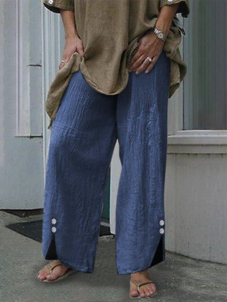 

Spring Elegant Elastic Waist Solid Color Long Pant Summer Fashion Button Loose Wide Leg Pant Women Casual Cotton Linen Trousers