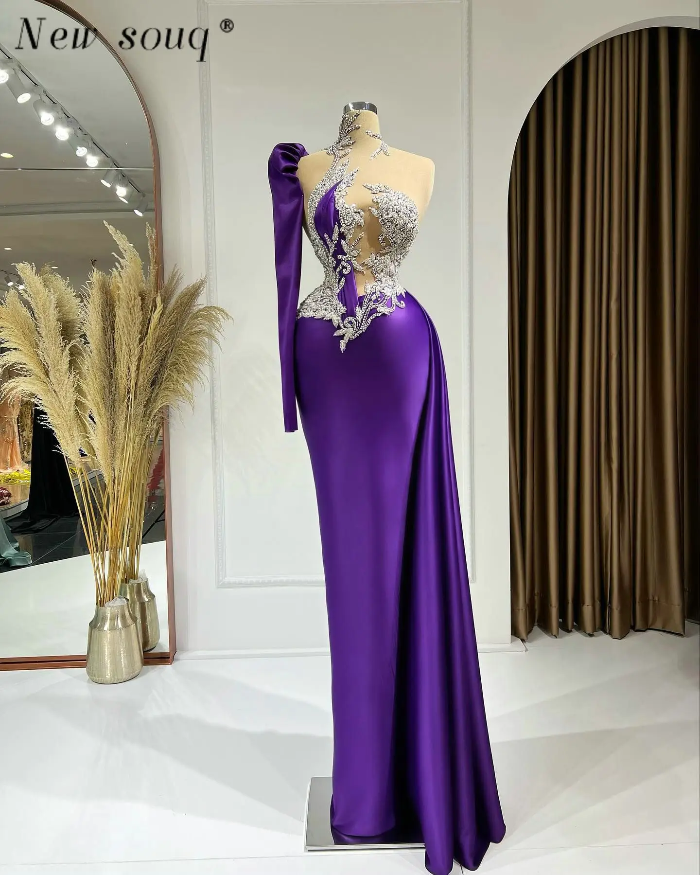 

Arabic Elegant Purple Long Mermaid Evening Dresses for Women One Shoulder Beaded High Neck Satin Formal Wedding Party Gowns