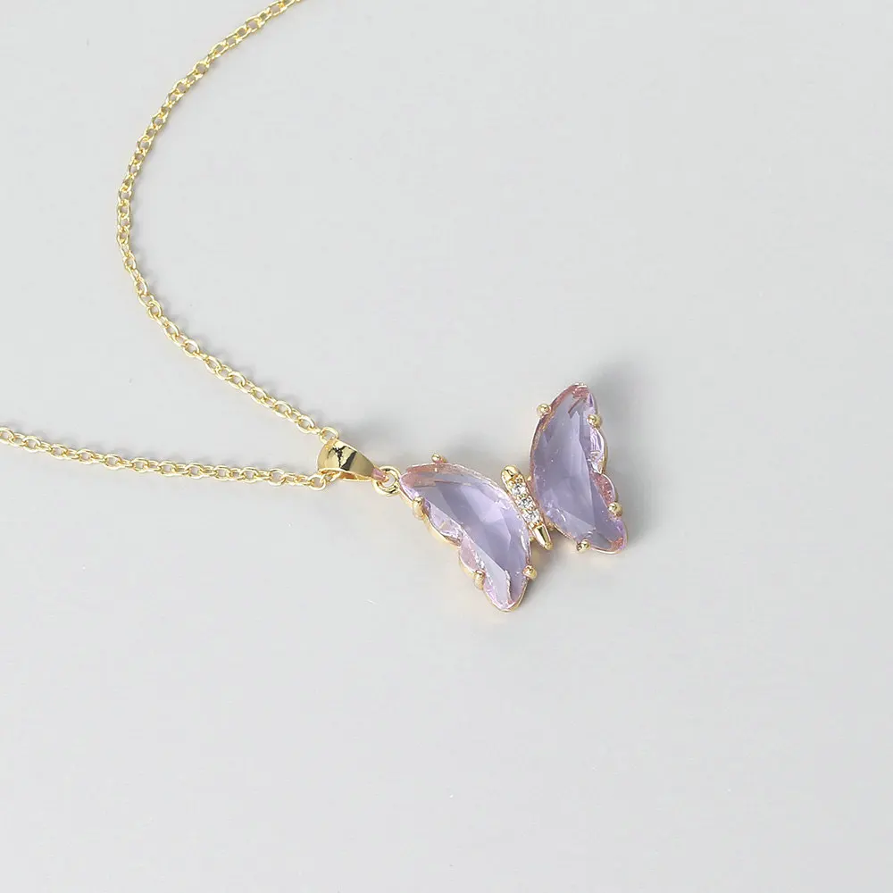 

Butterfly For Women Aesthetic Pink Purple Crystal Pendant Choker Chain Jewellry Collars Jewelry Wholesale