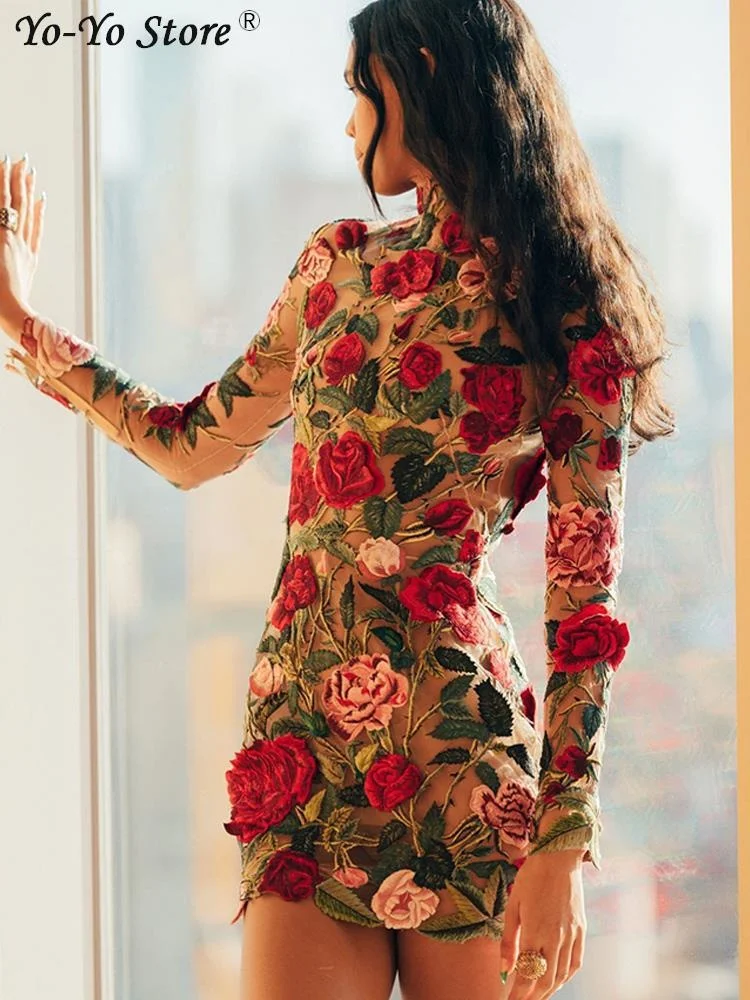 

Print Flower Embroidery Mini Dress Women Half High Collar Long Sleeve Hip Package Dresses Female Autumn Elegant Lady Vestidos