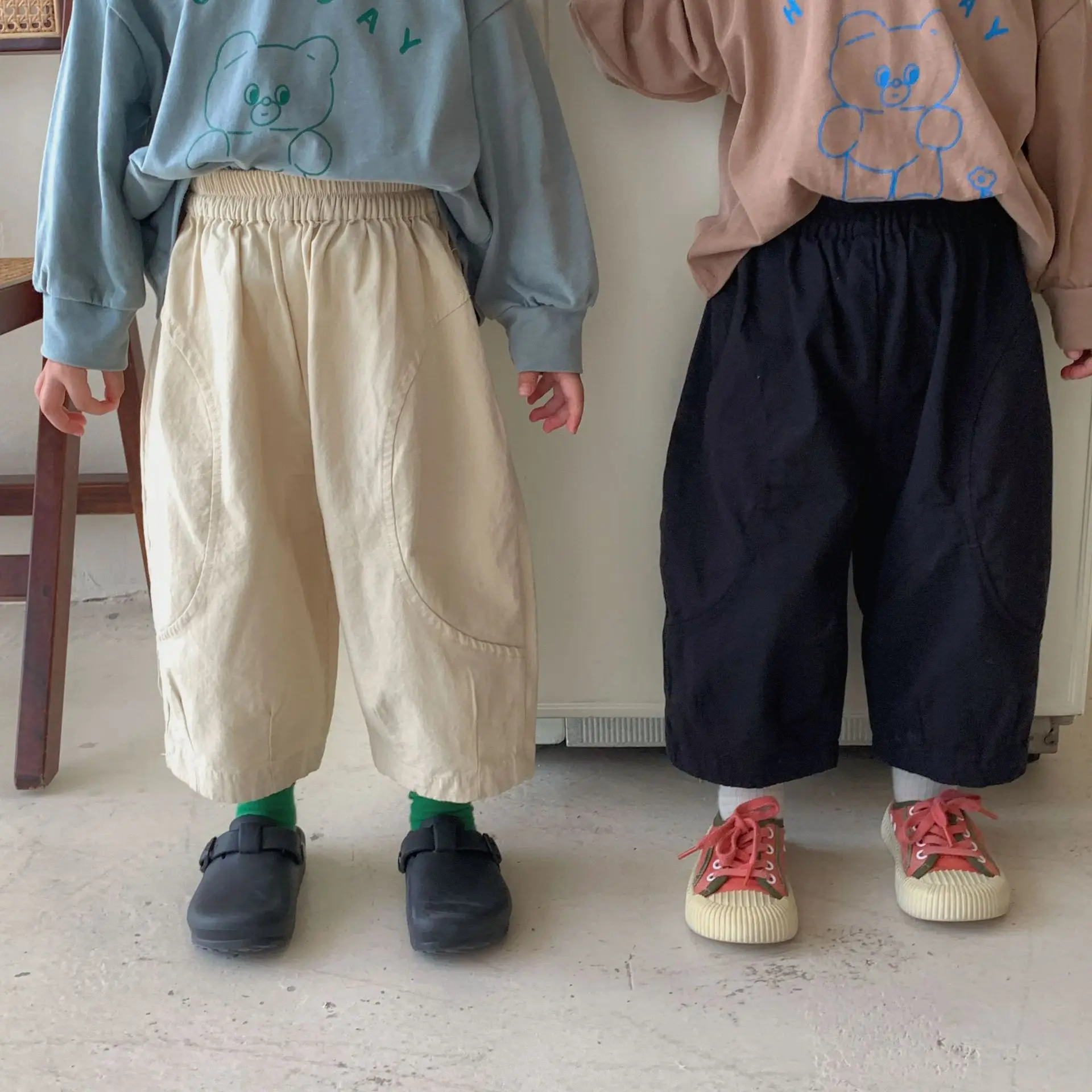 

2022 Autumn New Children Print Splicing Wide Leg Pants Girl Baby Full Cotton Pocket Trousers Boy Infant Pure Color Casual Pants