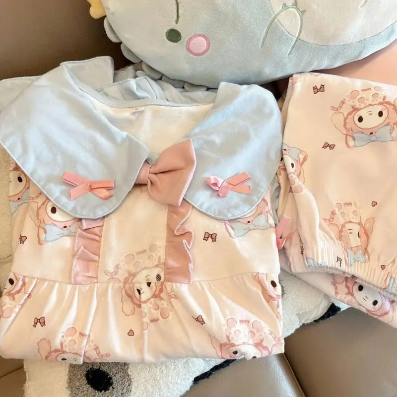 

Пижама Sanrio Cinnamoroll My Melody Kawaii из чистого хлопка, Женская весенне-осенняя пижама с длинными рукавами для дома, простой Свободный Повседневный к...