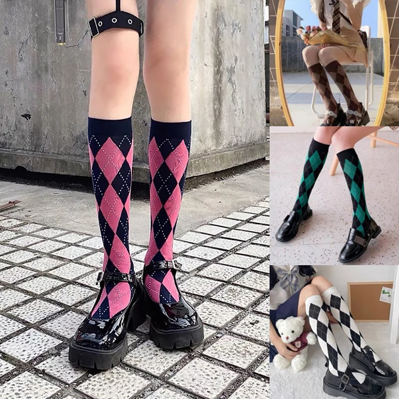 

1Pair Retro Women Knee High Cotton Long Socks Fashion JK Lolita Stockings Rhombus Lattice Warm Calf Socks Japanese Korea Style