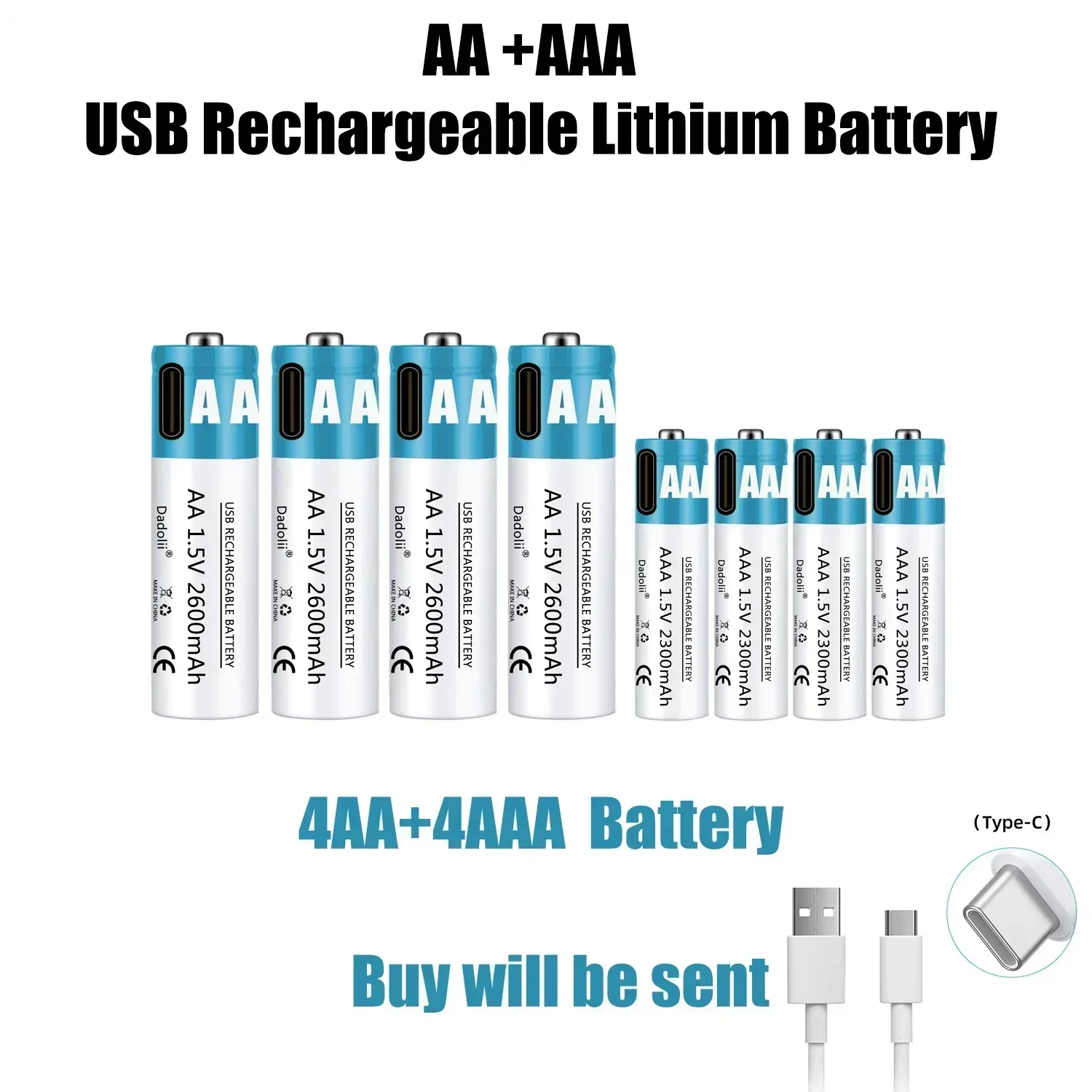 Фото Литиевая аккумуляторная батарея 1.5V AA AAA (тип 5, тип 7) с USB-зарядкой Type-C, быстрая зарядка, для обучающих устройств, кодовых замков, 1200 циклов зарядки №2