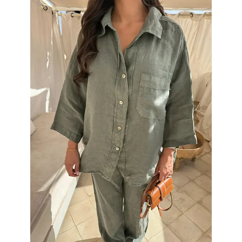 Elegant Green Pocket Buttons Shirt Sets For Women Solid Long Sleeve Tops Wide Leg Pant Suits 2024 New Female High Street Outfits