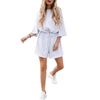 two piece women solid color suit set three quarter round neck loose ladies tops drawstring shorts tracksuit female streetwear