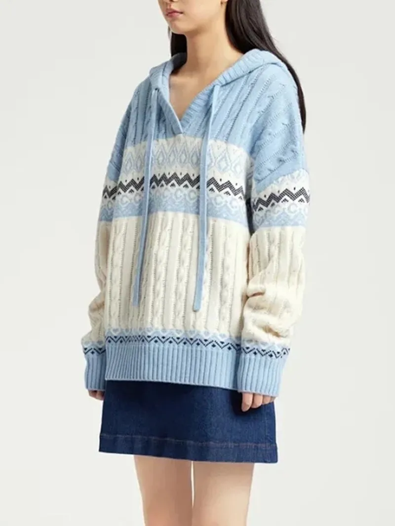 

2023 Winter New Women Wool Cashmere Blend Hooded Twisted Fashion Simple Jacquard Knit Casual Straight All-Match Sweater