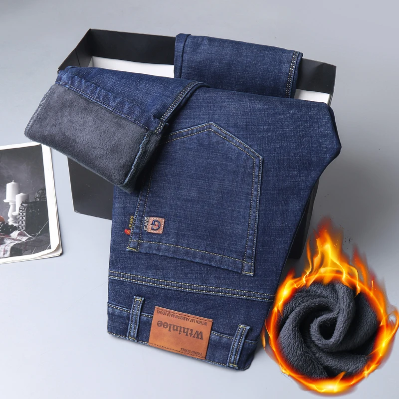 

2022 Winter New Men's Fleece Warm Jeans Classic Style Business Casual Thicken Regular Fit Denim Pants Black Blue Brand Trousers