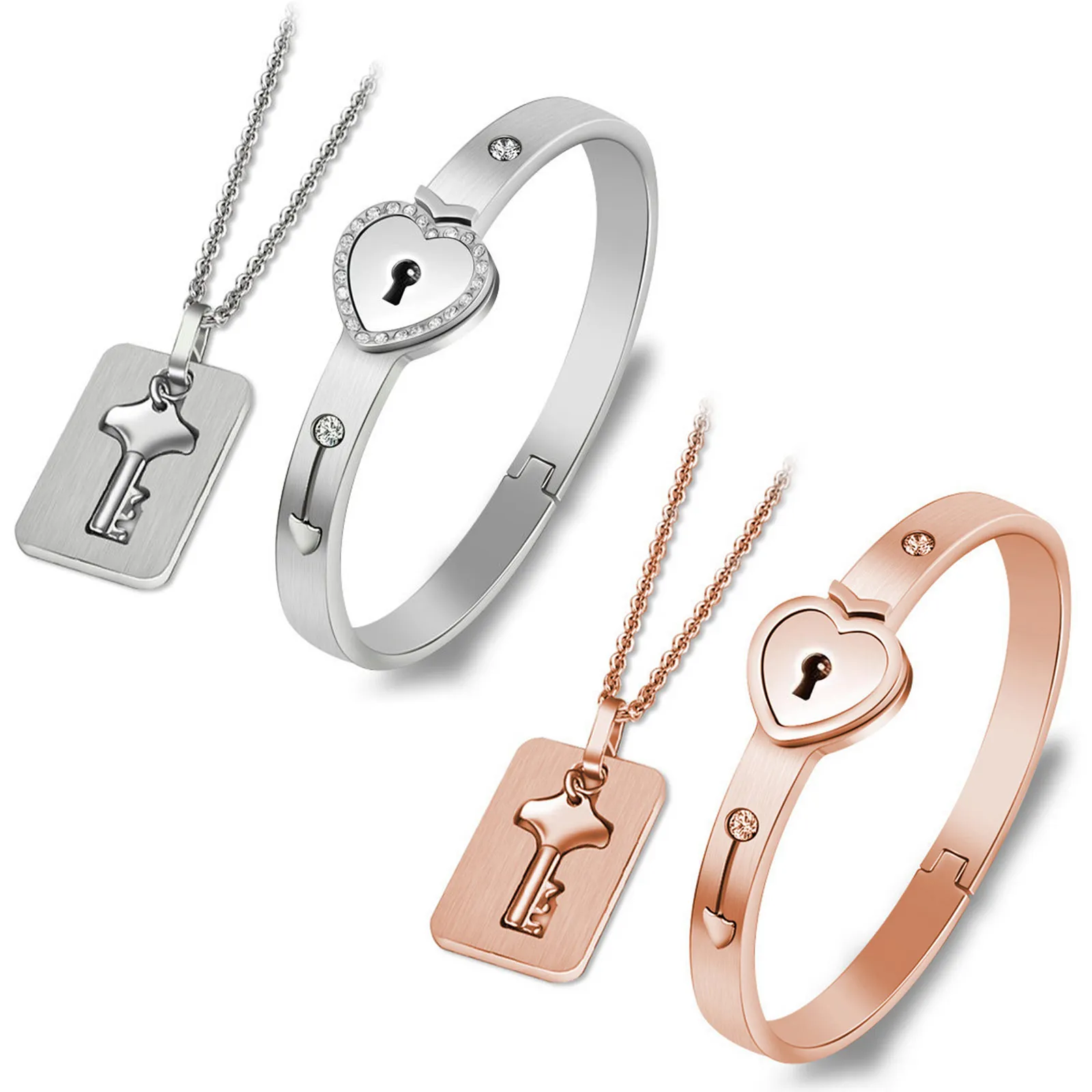 

Behogar 2PCS Fashion Couples Heart Key Pendant Necklace Lock Bangle Bracelet Set for Birthday Anniversary Valentines Gift