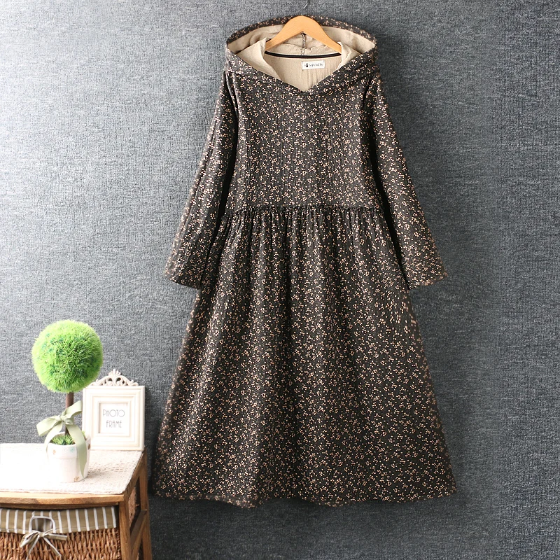 

Autumn New Vintage Hooded Long Sleeved Floral Dress Women Loose Casual Midi Dresses 2799