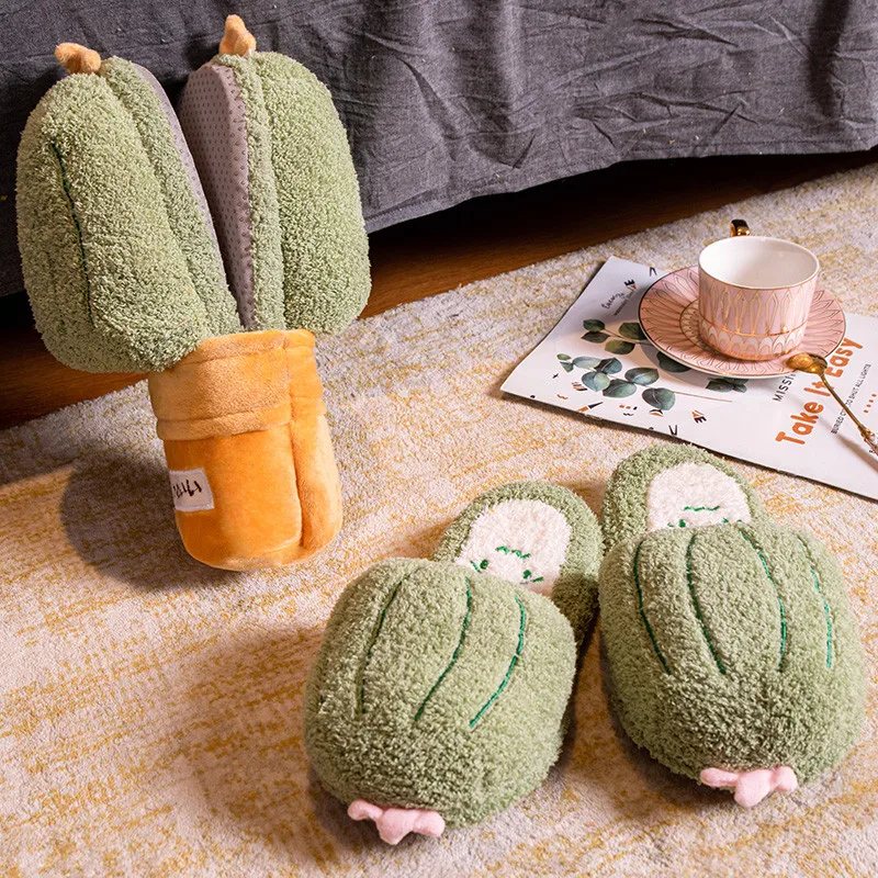 

Kawaii Plush Creative Cactus Slippers Fruit Toys Cute Cactus Warm Winter Adult Shoes Doll Women Household Products