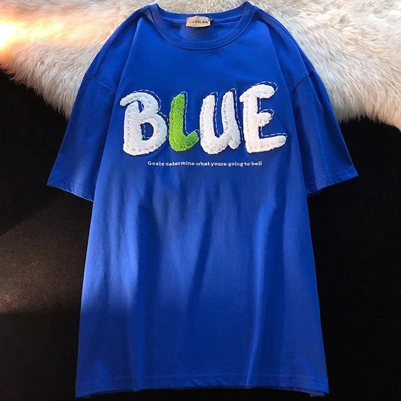 

High Quality T-shirts BLUE Flocked Embroidered Letters Men Women Summer Crew Neck T Shirt