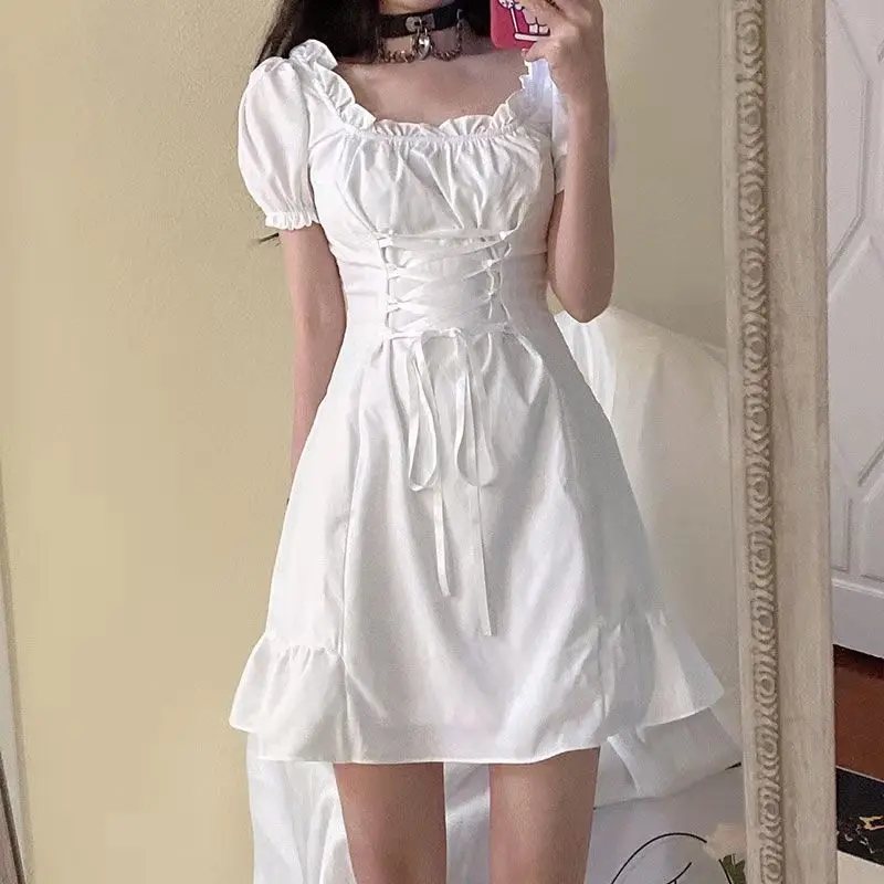 

White Mall Goth Lace Up Mini Lolita Dress Women Harajuku Punk Dark Aesthetic Emo Dresses Kawaii Fairy Grunge Alternative Clothes