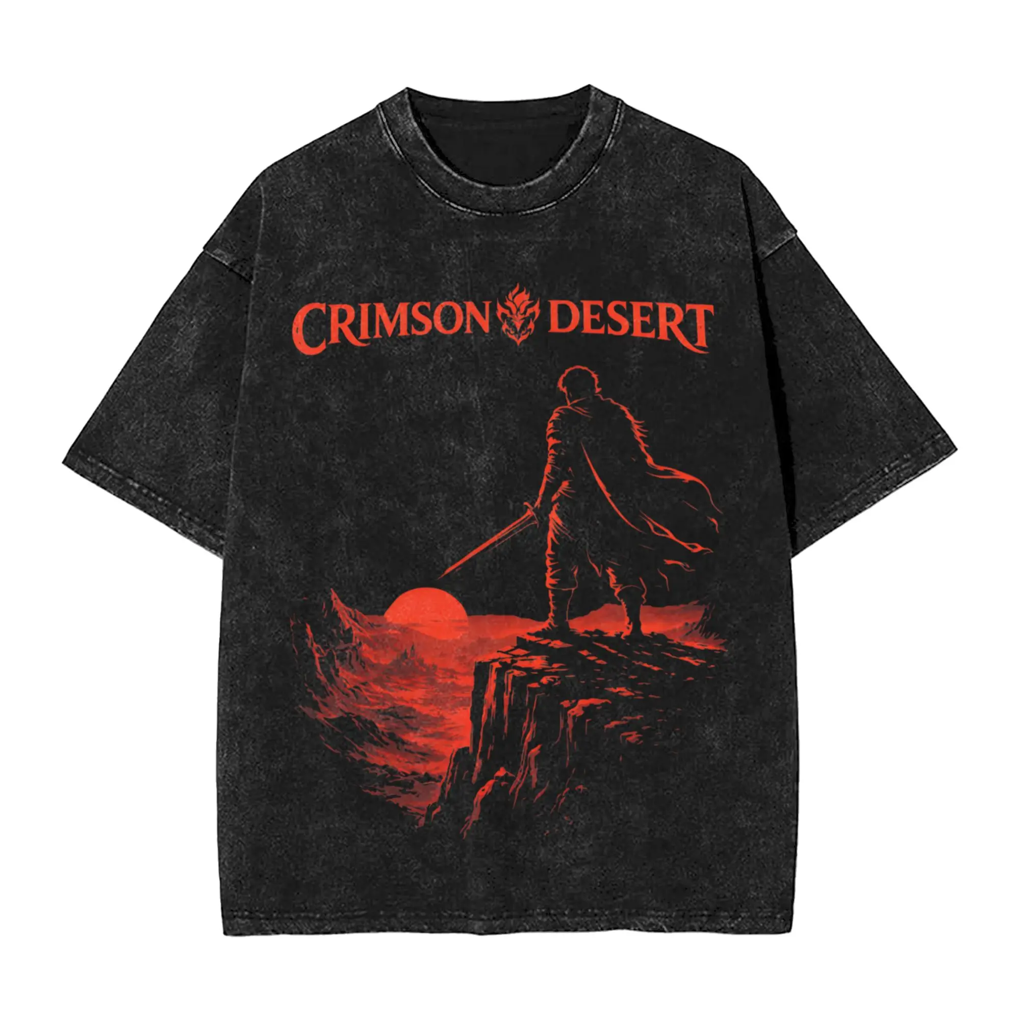 Фото Футболки унисекс Pearl Abyss Crimson Desert Outfit, с эффектом потертости, в стиле стритвир, хип-хоп, с принтом, с коротким рукавом №3