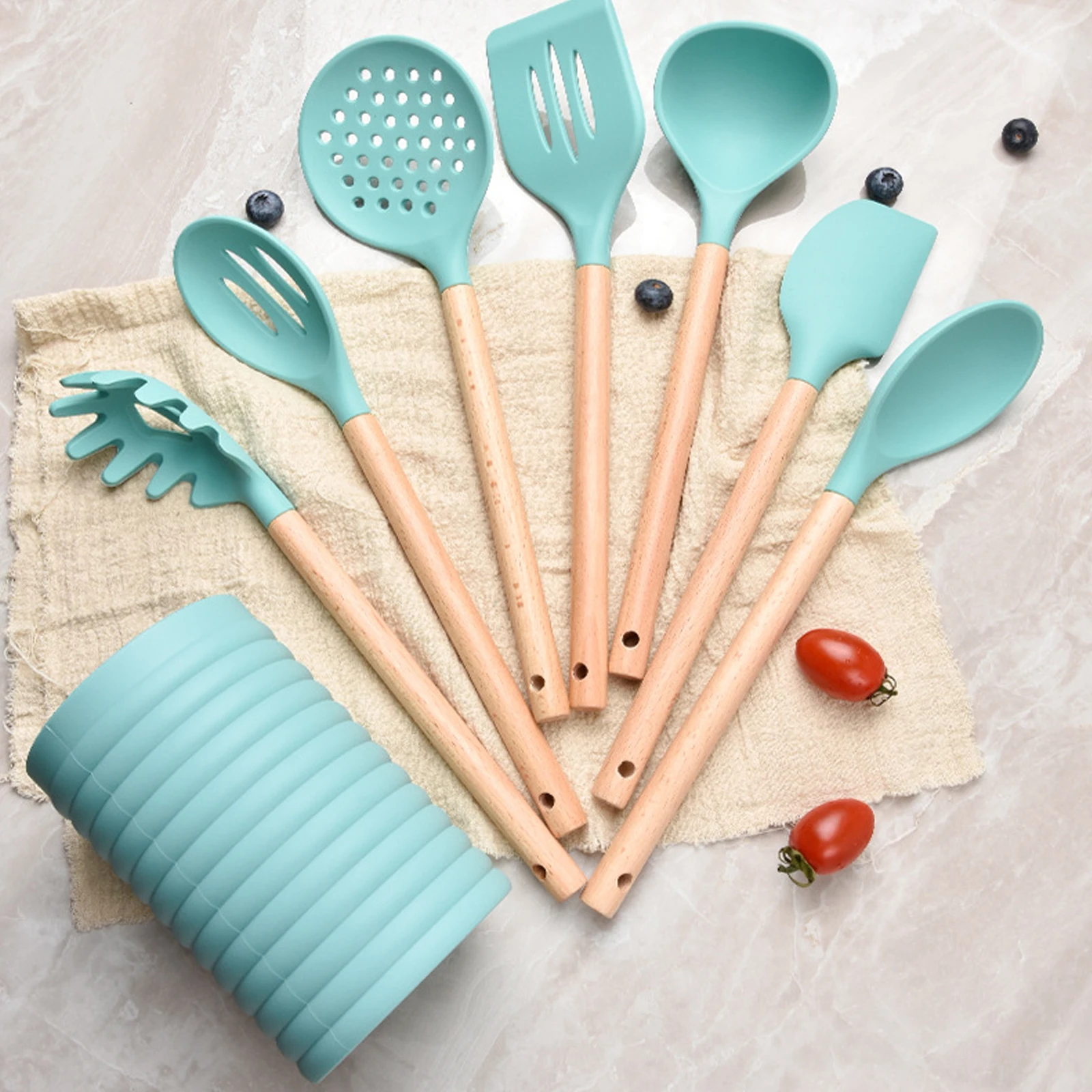

Silicone Kitchenware Utensils Cooking Kitchenware Tool Set With Wooden Handle Non-Stick Spatula Ladle Shovel Cooking Utensils