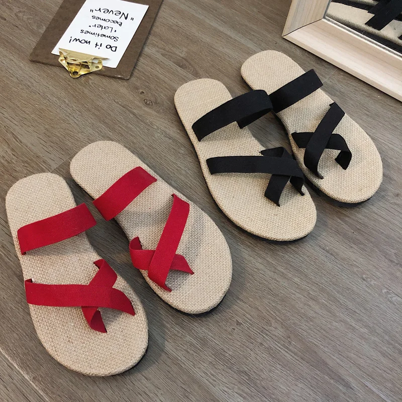 

Men Red Black Summer Sandals Fashion Slipper Chinese Style Casual Shoes Outside Linen Slippers Size 39-44