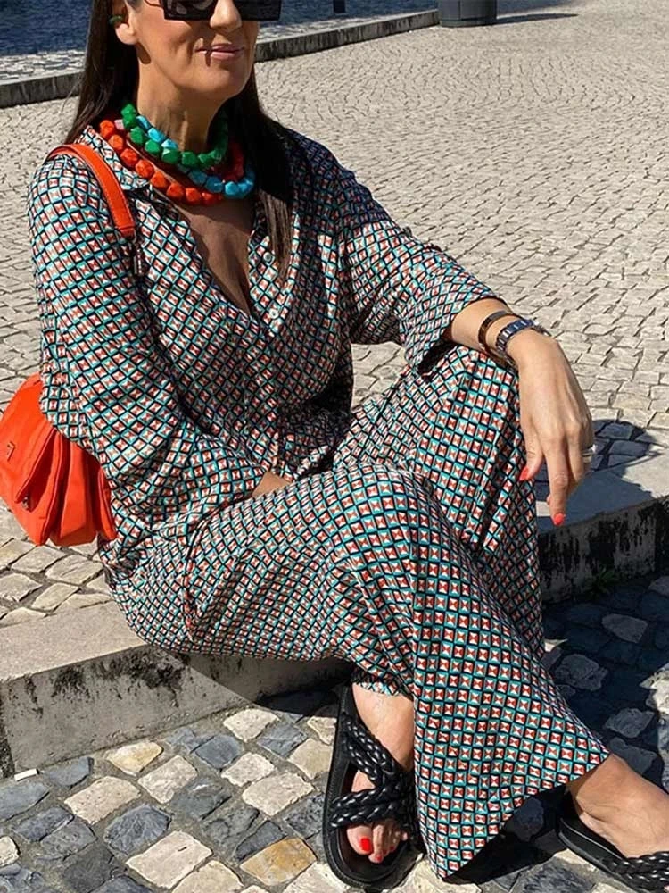 Women's Pajamas Set Geometric Pattern Print Loose Sleepwear Long-Sleeved Shirt Ethnic Style High Waist Straight Trousers Suit