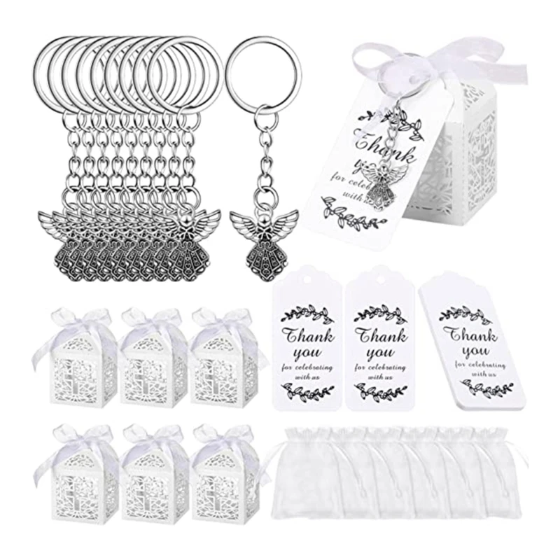 

30Pcs/24Pcs Angel Keychain Pendant Favor Box Keychain Christening Gift Keyring with Thank You Kraft Pendant Bag for Kids