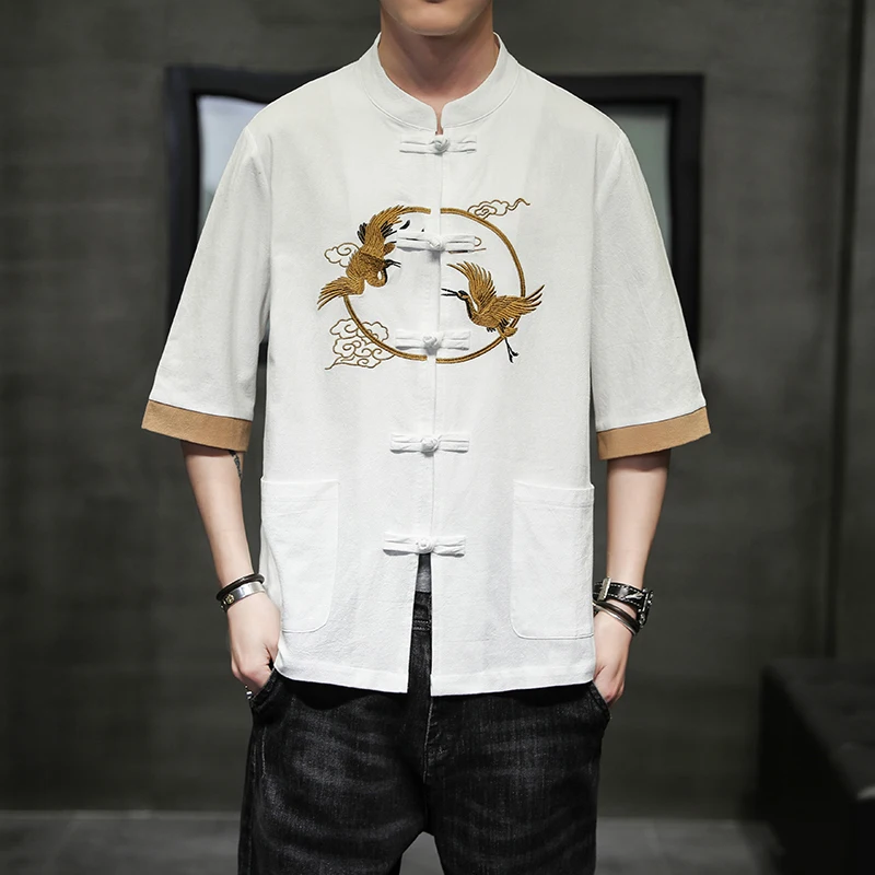 

Рубашка мужская клетчатая с рукавом до локтя, одежда в китайском стиле кунг-фу, свободная сорочка из хлопка и льна, с воротником-стойкой, большие размеры, на лето