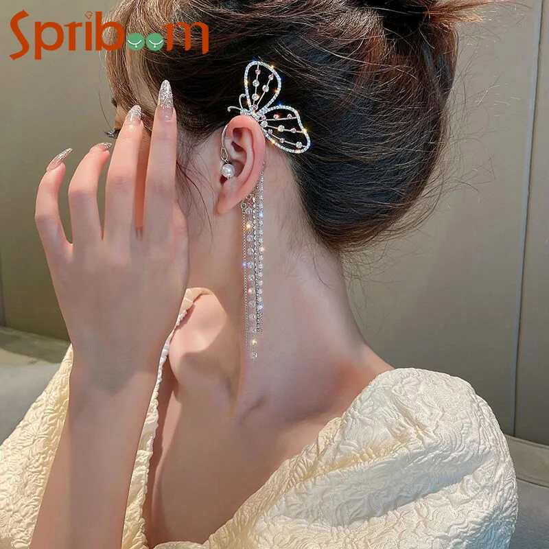 

Butterfly Clip Earrings Long Hanging Crystal Pearl Ear Clips Without Pierced Ear Cuff Tassel Earring for Women Bridal Jewelry