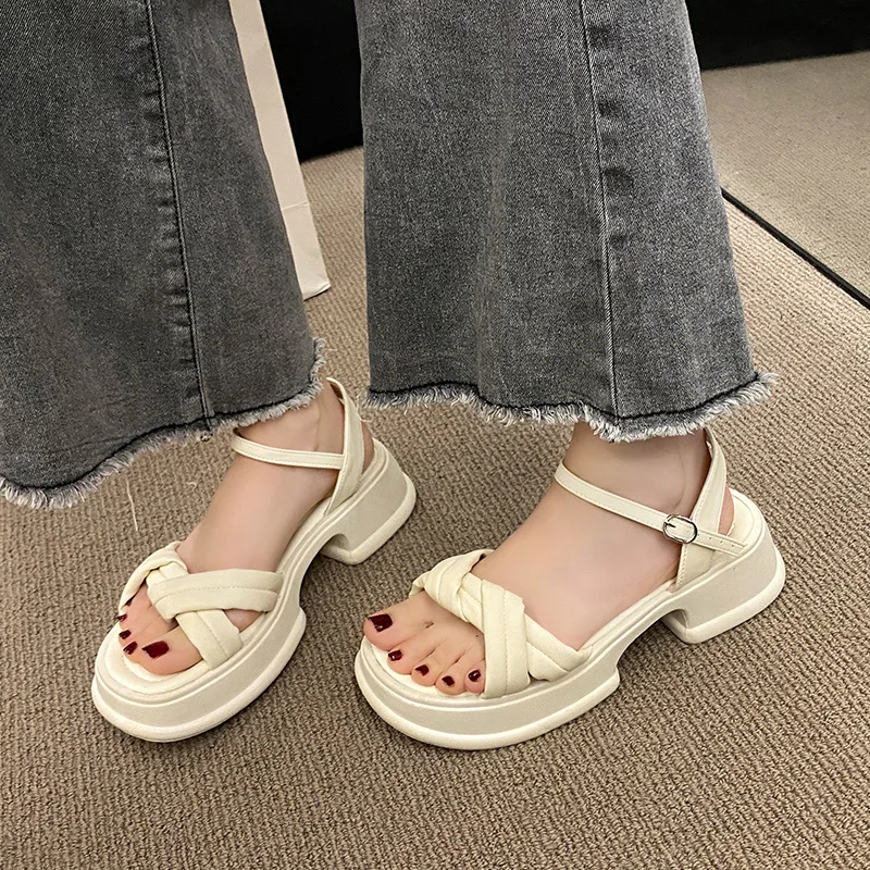 

Female Sandal Fashion Womens Shoes 2023 Open Toe Clogs With Heel All-Match Med Girls Gladiator Luxury New Beige Beach Peep Comfo