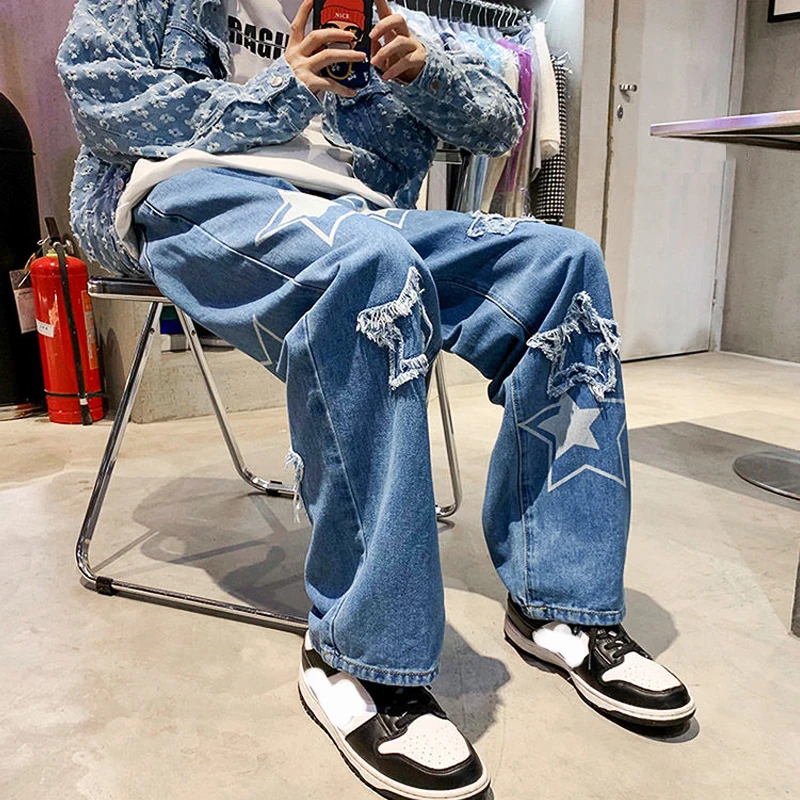 Vintage Women's Men's Korean Denim Pants Y2K Cltohes Streetwear Printed Patchwork Male Baggy Jeans Straight Trousers for Men