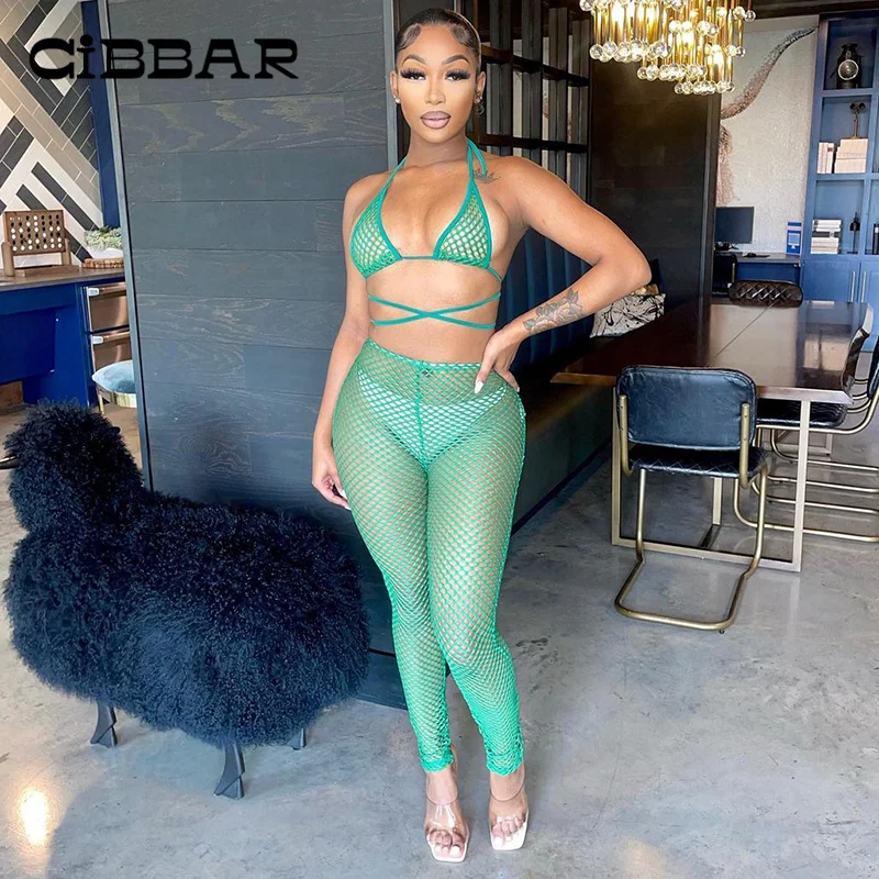 

CIBBAR Club Sexy Fishnet Long Pants Set Midnight See Through Bandage Halter Cleavage Bikini+High Waist Pencil Pants Suit Sheath