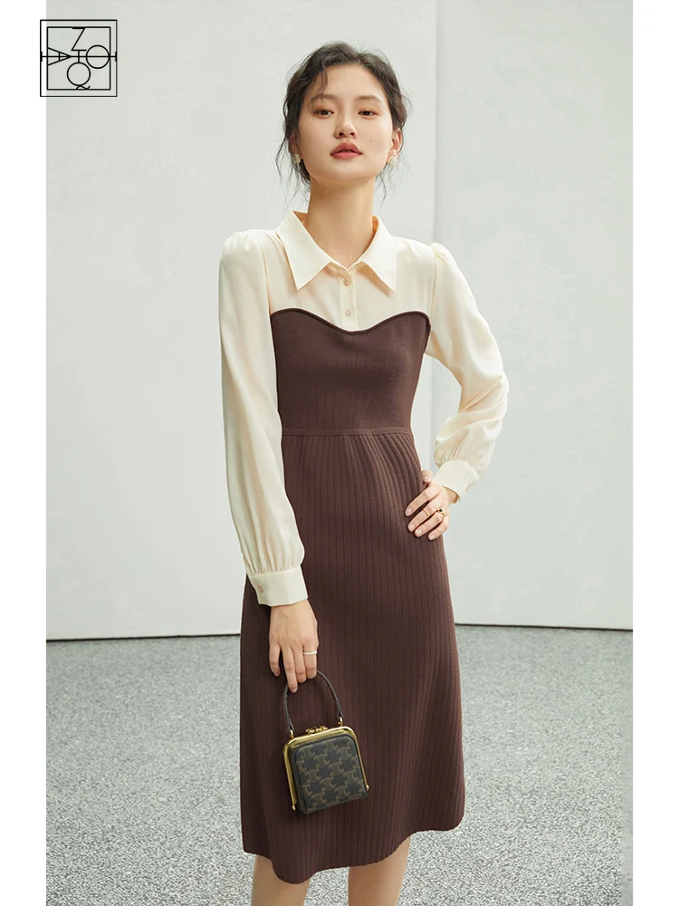 ZIQIAO French Stitching Shirt Collar Knitted Dress Women Spring Autumn Hepburn Style Elegant Vintage Female Long Skirts