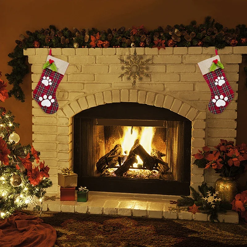 Рождественский клетчатый подвесной декор в виде лапы для камина праздничное