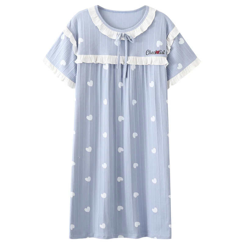 New Home Princess Style Young Girl Cotton Nightdress Knee-Length Summer Short Sleeve Women Sleepwear Dress Slash Neck Nightshirt
