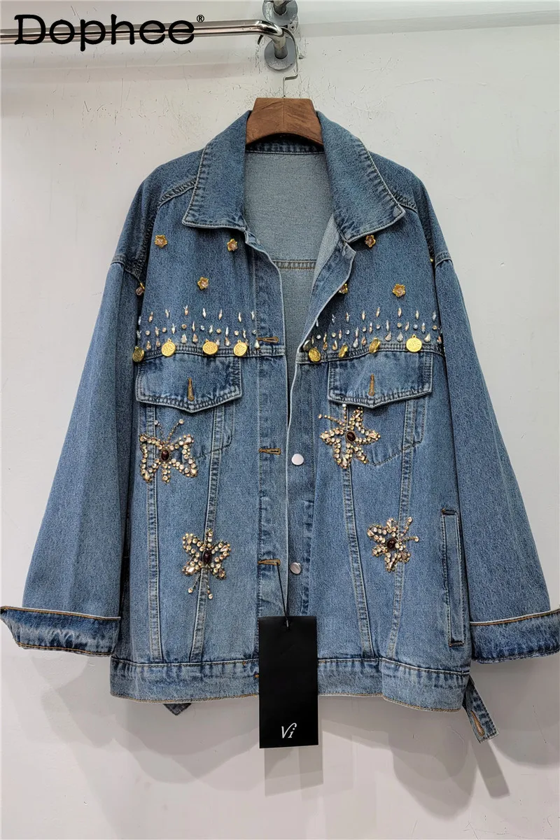 

Retro Heavy Industry Nail Butterfly Loose Slimming Denim Jacket Coat Loose Oversized Jean Jacket 2023 Autumn New Women Clothing