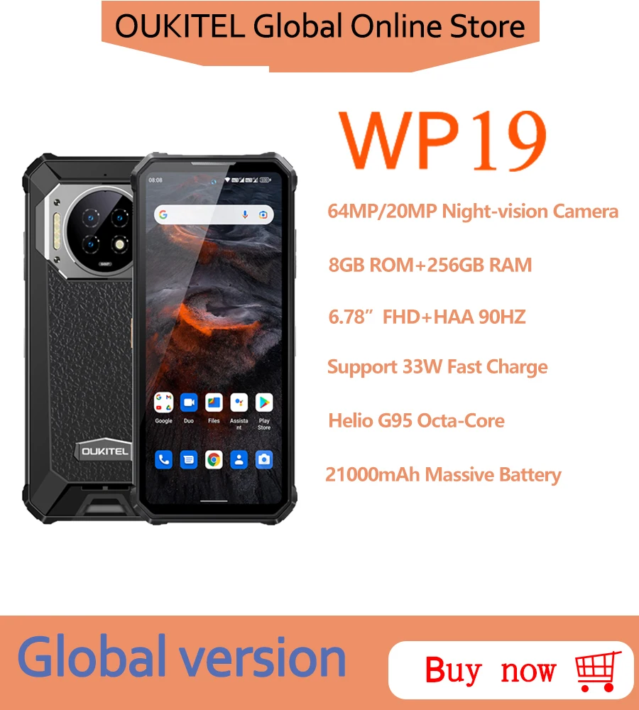 Oukitel WP19 Rugged Smartphone 8GB 256GB 21000mAh Mobile Phone 6.78 Inch FHD+ 90 Hz 64MP Camera Android 12 NFC Cell Phone