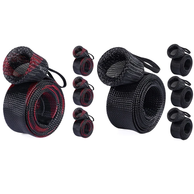 

8X Fishing Rod Cover, Fishing Rod Mesh Rod Protector Fishing Pole Covers Sleeves With Lanyard Black+Red &-Black