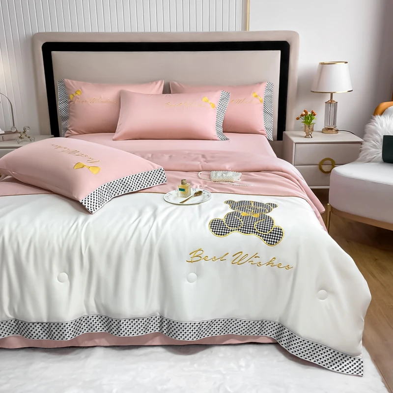 

Embroidered Summer Washable Tencel Air Conditioner Is Cool Silk Quilted Quilt Double Thin Quilt Luxury Blanket 1-4pcs #/