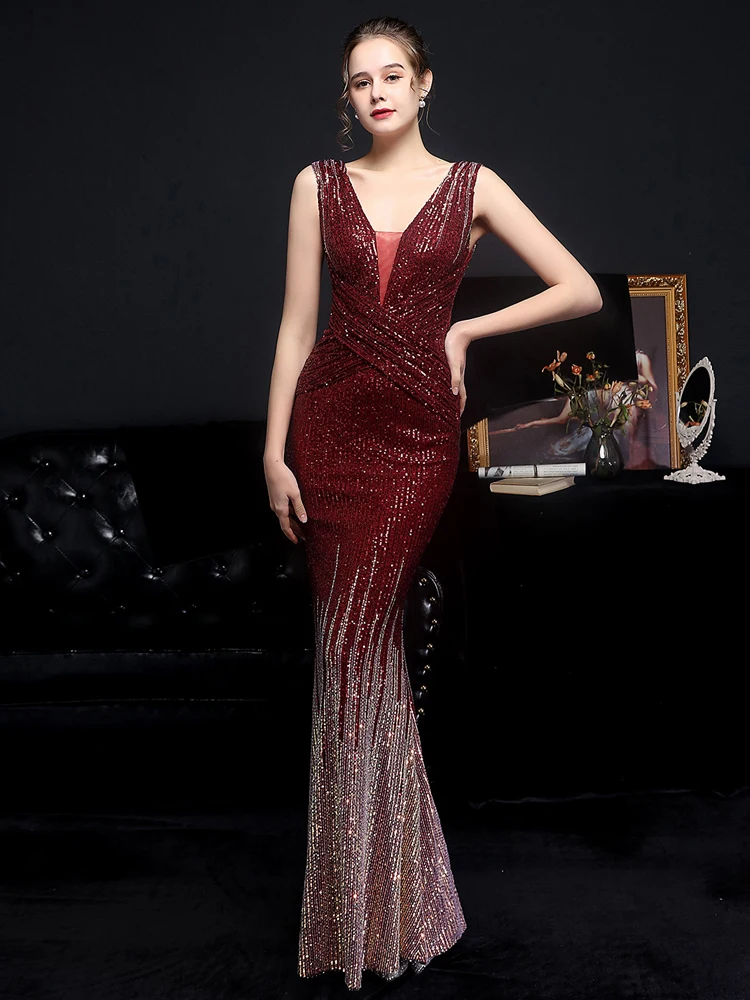 Aoottii V Neck Burgundy Sequin Evening Dress Women Elegant Party Maxi Dress