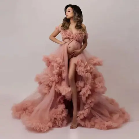 Розовое Тюлевое бальное платье для беременных для фотосессии сексуальные платья для будущей матери для беременных женщин Длинная Одежда для беременных