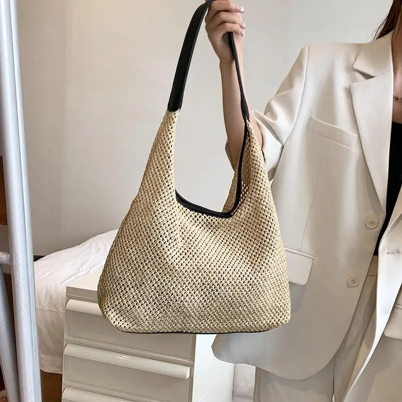 

Straw Basket Bag for Women Hollow Beach Large Handbags Summer Shoulder Bags Female Casual Big Tote Shopper Top-Handle Bag Ins