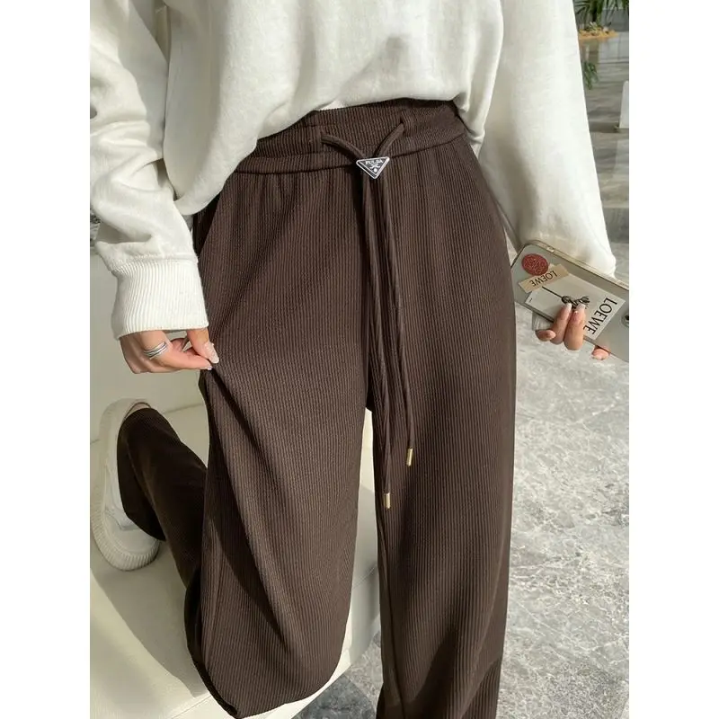 Coffee Color Chenille Wide-Leg Pants for Women High Waist 2022 Autumn Winter  Slim Drawstring Straight Mop Casual Pants Women