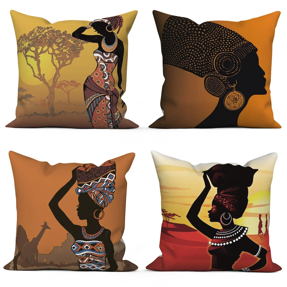 

African India Women Picture Pillowcase for Sofa Cushion Cover Polyester Throw Pillow Case Home Car Bed Decor 40x40 45x45 50x50