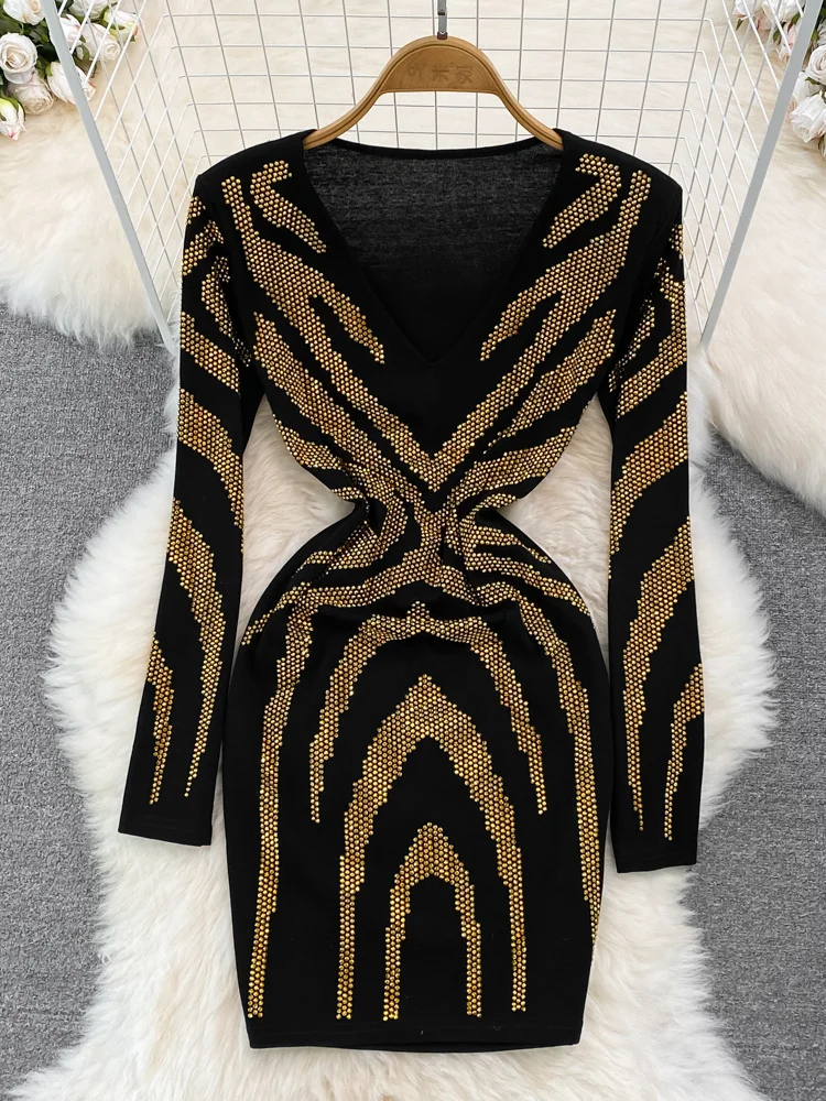 

Весеннее женское сексуальное облегающее платье с блестками, элегантное женское платье-футляр с V-образным вырезом и длинным рукавом, высокой талией и золотыми блестками, мини-платья, новинка