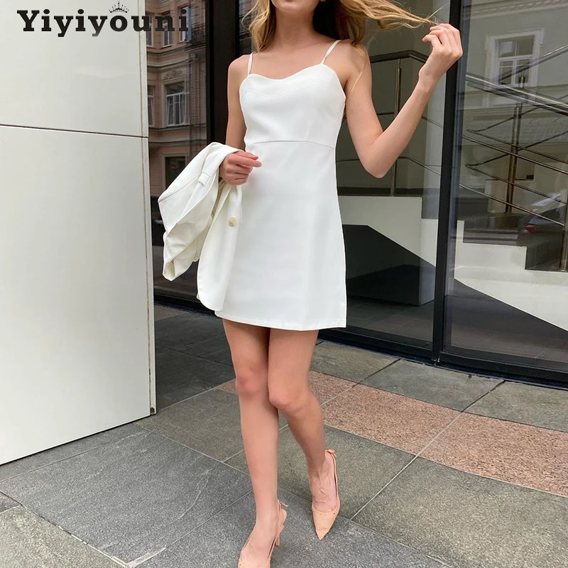 

Сексуальное облегающее платье Yiyiyouni на бретельках, женские летние элегантные Однотонные эластичные мини-платья с открытой спиной, женское ...