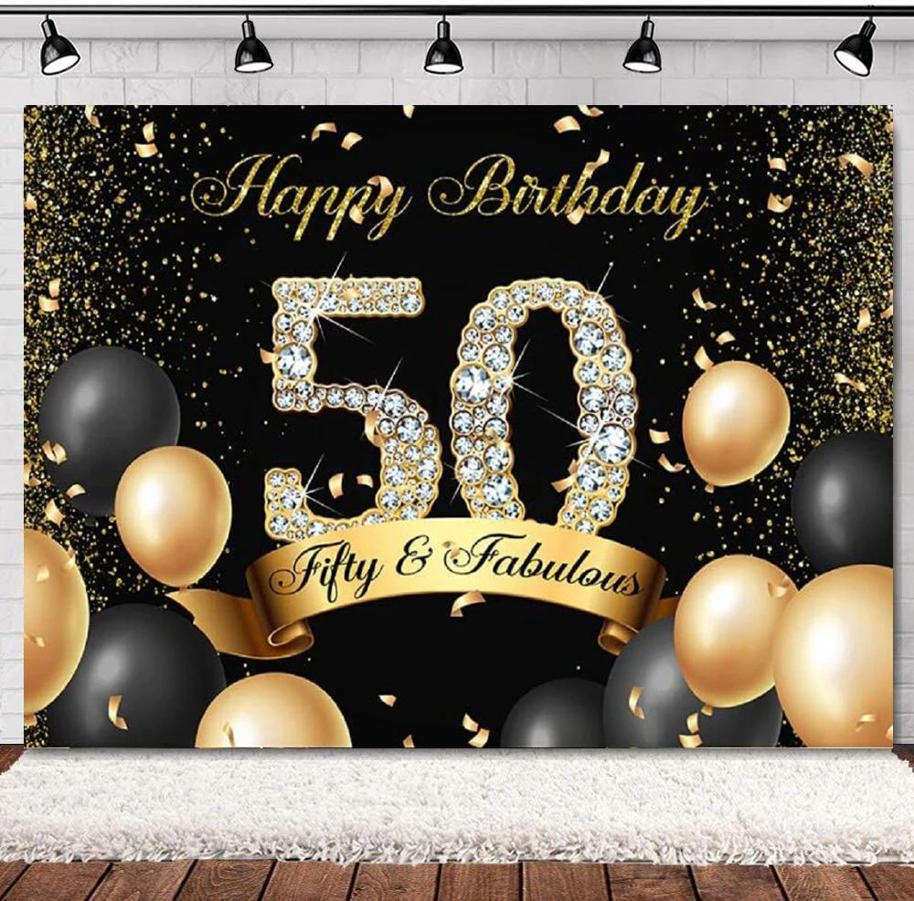 

Фон для фотосъемки с празднованием 50-го дня рождения баннер черный для мужчин черные золотые воздушные шары Декор Фон для женщин мужчин бриллианты