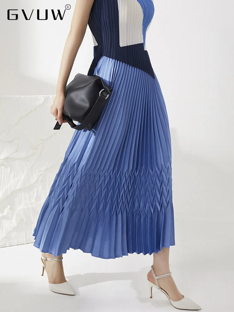 

GVUW Pleated Solid Color Midi Skirt Women A-line Loose Elastic High Waist Fashion Slim Fit 2022 Summer Female Clothing 17D115